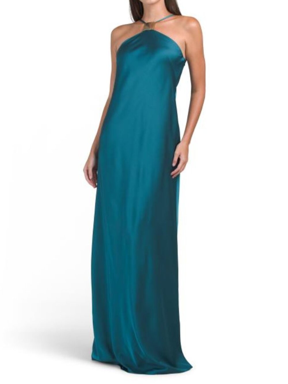 ADRIANNA EVENING Sleeveless Embellished Halter Satin Gown